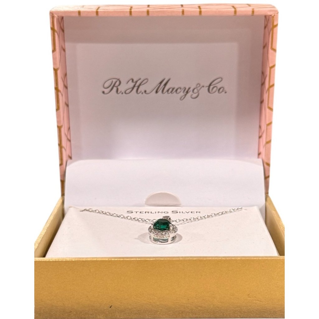 Sterling Silver Necklace With Green Crystal Pendant By R.H. Macy & Co.
